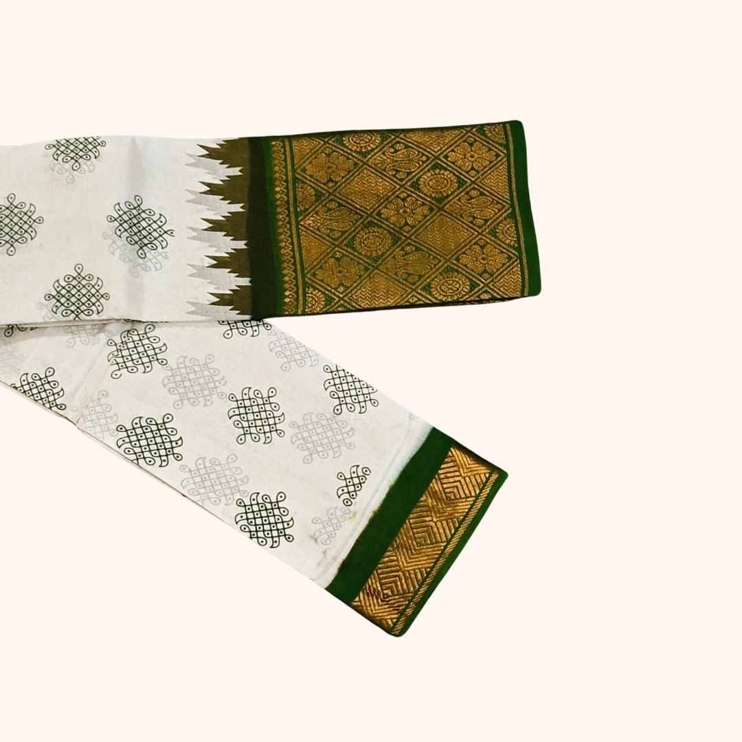 Cream Sungudi Cotton Saree with Bottle Green Diamond Zari Border