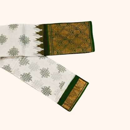 Cream Sungudi Cotton Saree with Bottle Green Diamond Zari Border