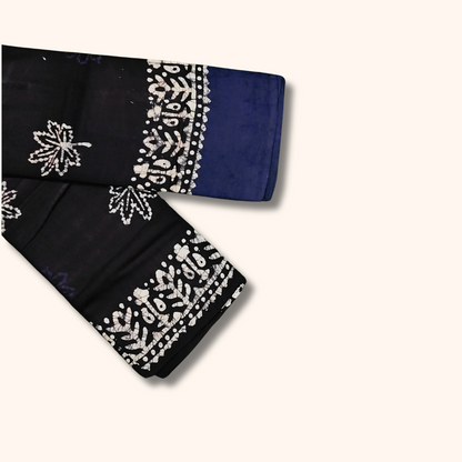 Black & Navy Blue Batik Printed Cotton Saree with Blouse Piece