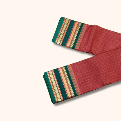 Light Brick red Checked Chettinad Cotton Saree with Teal Green Border