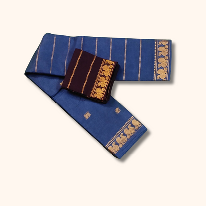 Royal Blue Sungudi Cotton Saree with Gold Zari Peacock Border & Coffee Brown Separate Blouse