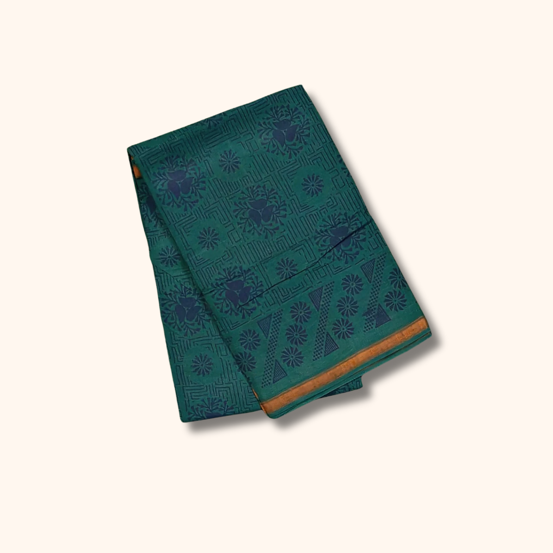 120s Count Vayal Cotton Saree – Peacock Green Printed Saree