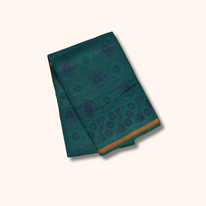 120s Count Vayal Cotton Saree – Peacock Green Printed Saree