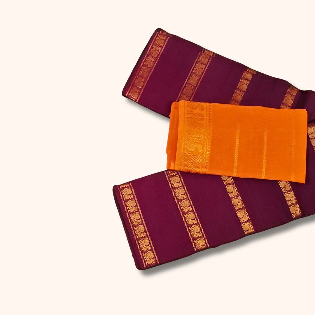 Maroon Cotton Saree with Gold Zari Border & Orange Separate Blouse