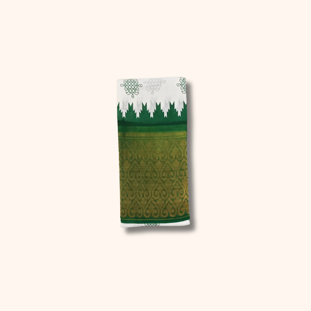White Sungudi Cotton Saree with Green and Gold Zari Traditional Border – No Blouse Included
