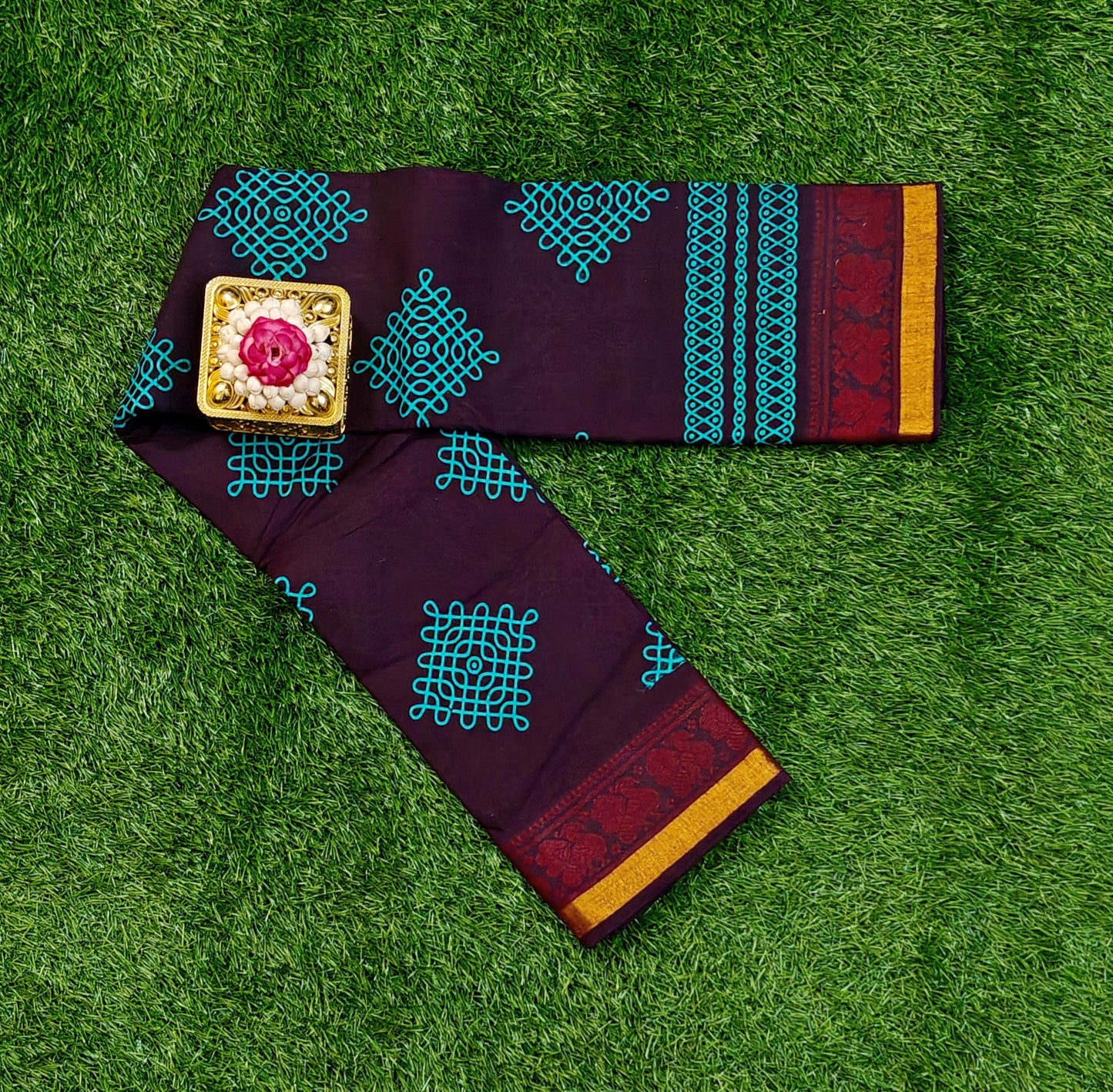 Deep Maroon Sungudi Cotton Saree with Teal Kolam Design & Zari Border