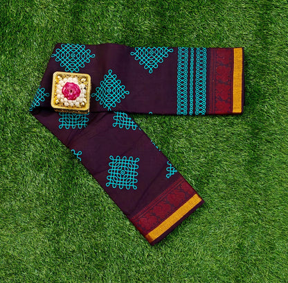 Deep Maroon Sungudi Cotton Saree with Teal Kolam Design & Zari Border