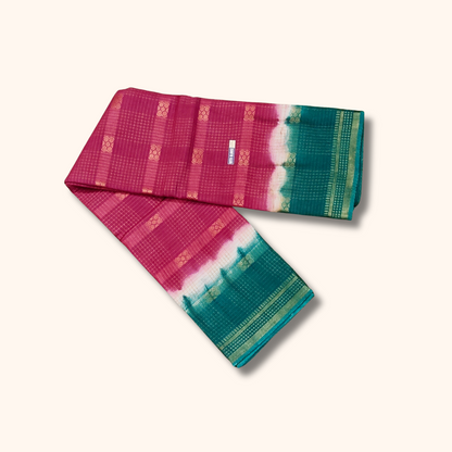 Pink & Peacock Green Sungudi Cotton Running Blouse Saree