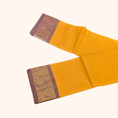 Rich Yellow Chettinad Cotton Saree with purple shade Peacock Border