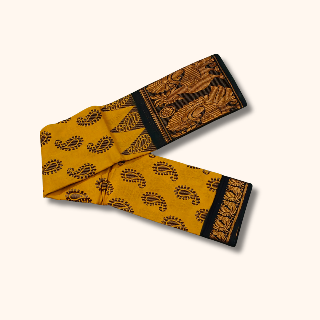 Mustard Paisley Print Cotton Saree with Black Peacock Border