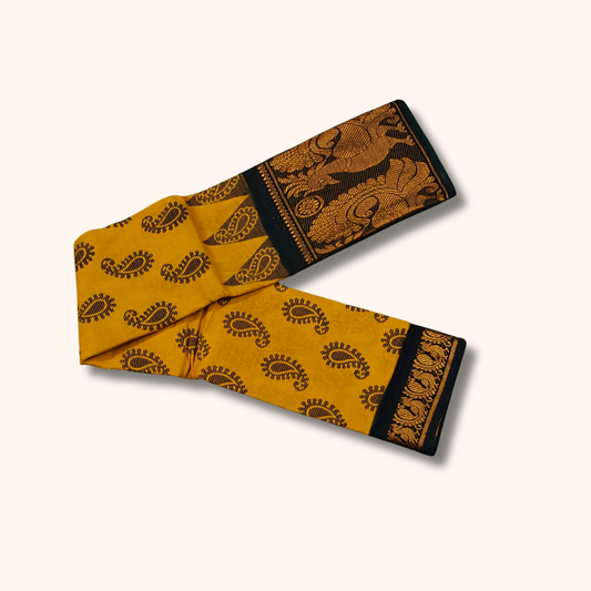 Mustard Paisley Print Cotton Saree with Black Peacock Border