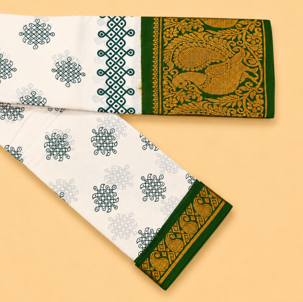 Beautiful Kolam White Printed Cotton Saree with Bottle Green Peacock Border