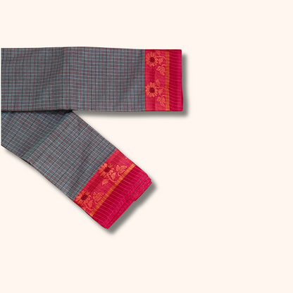 Teal green Checked Chettinad Cotton Saree with Floral Border