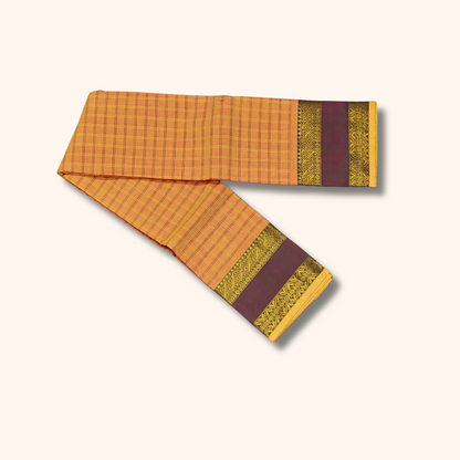 Mustard Yellow Checked Chettinad Cotton Saree with Wine Purple Border