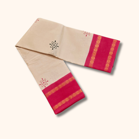Beige Kolam Design Cotton Saree with Pink Running Blouse