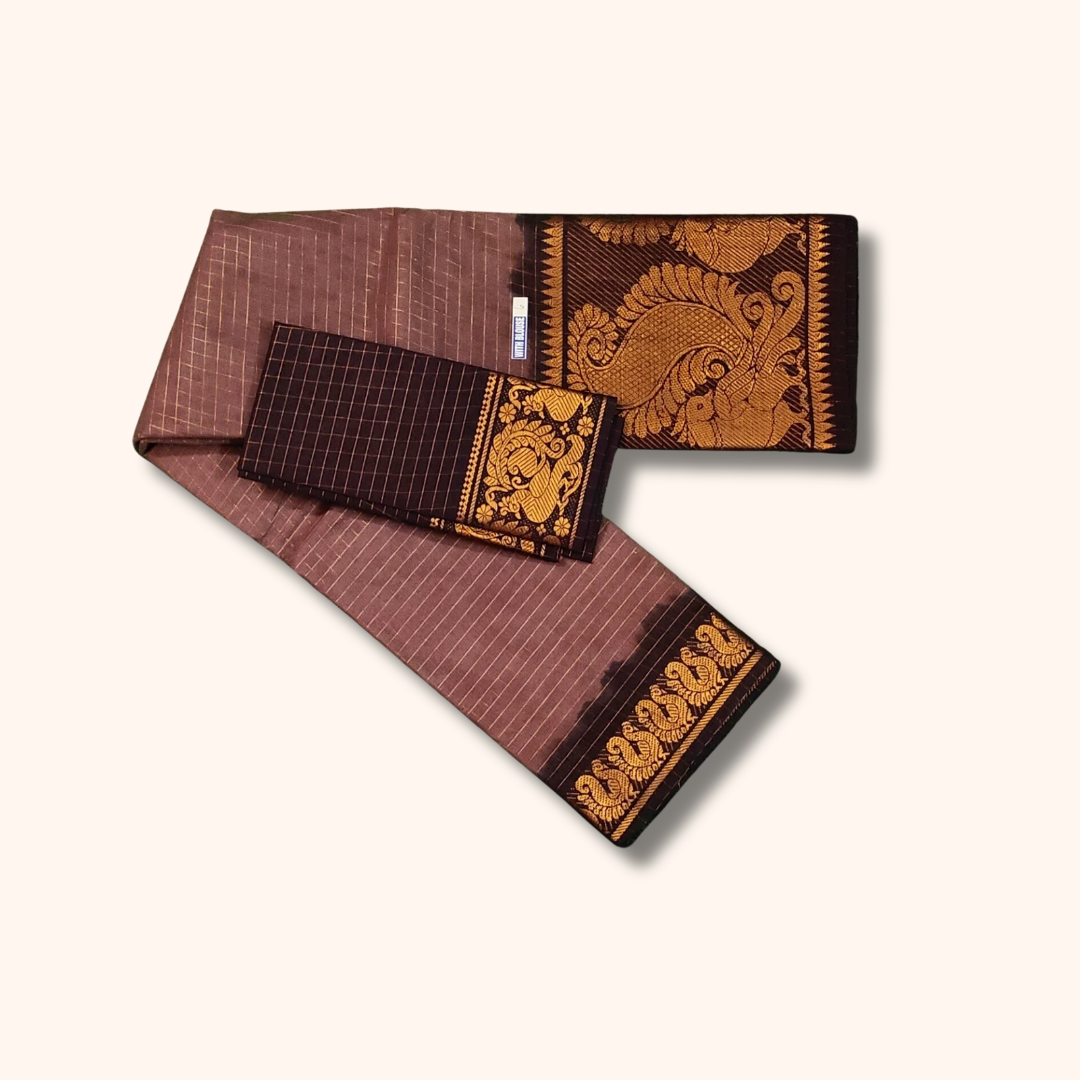 Brown Checked Sungudi Cotton Saree with Peacock Zari Border