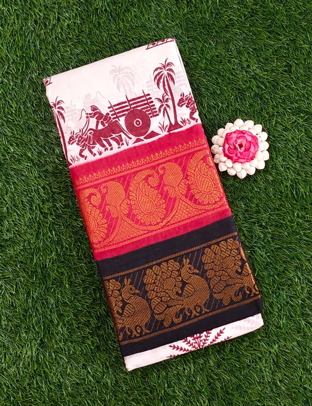 Off-White Sungudi Cotton Saree with Tribal Motifs & Maroon Border
