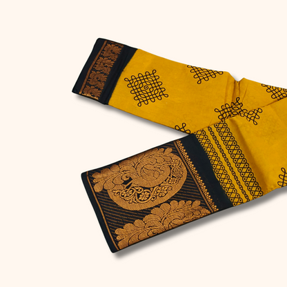 Mustard Kolam Print Cotton Saree with Black Peacock Border
