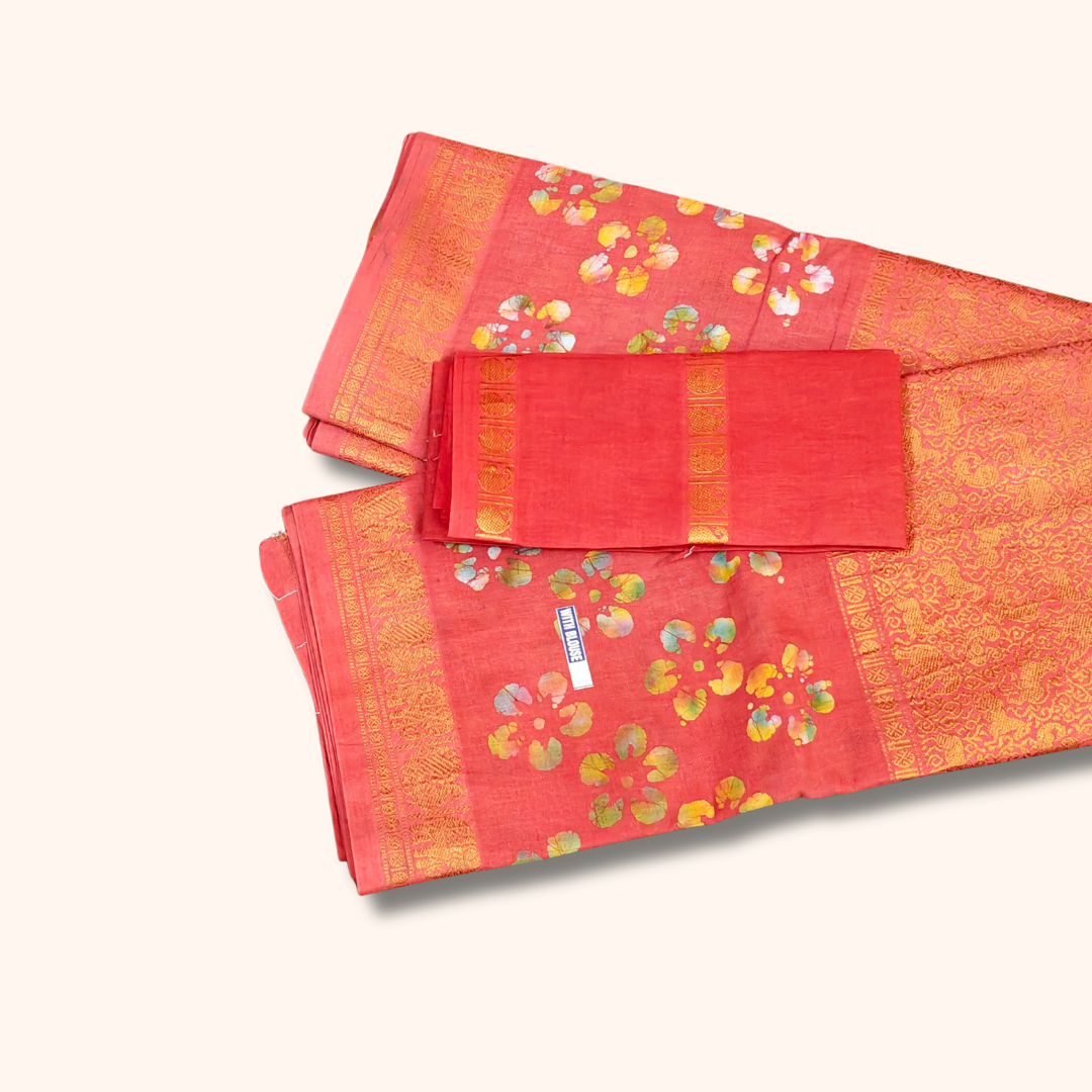 Orange Batik Floral Sungudi Cotton Saree with Elephant Zari Border & Separate Blouse Piece