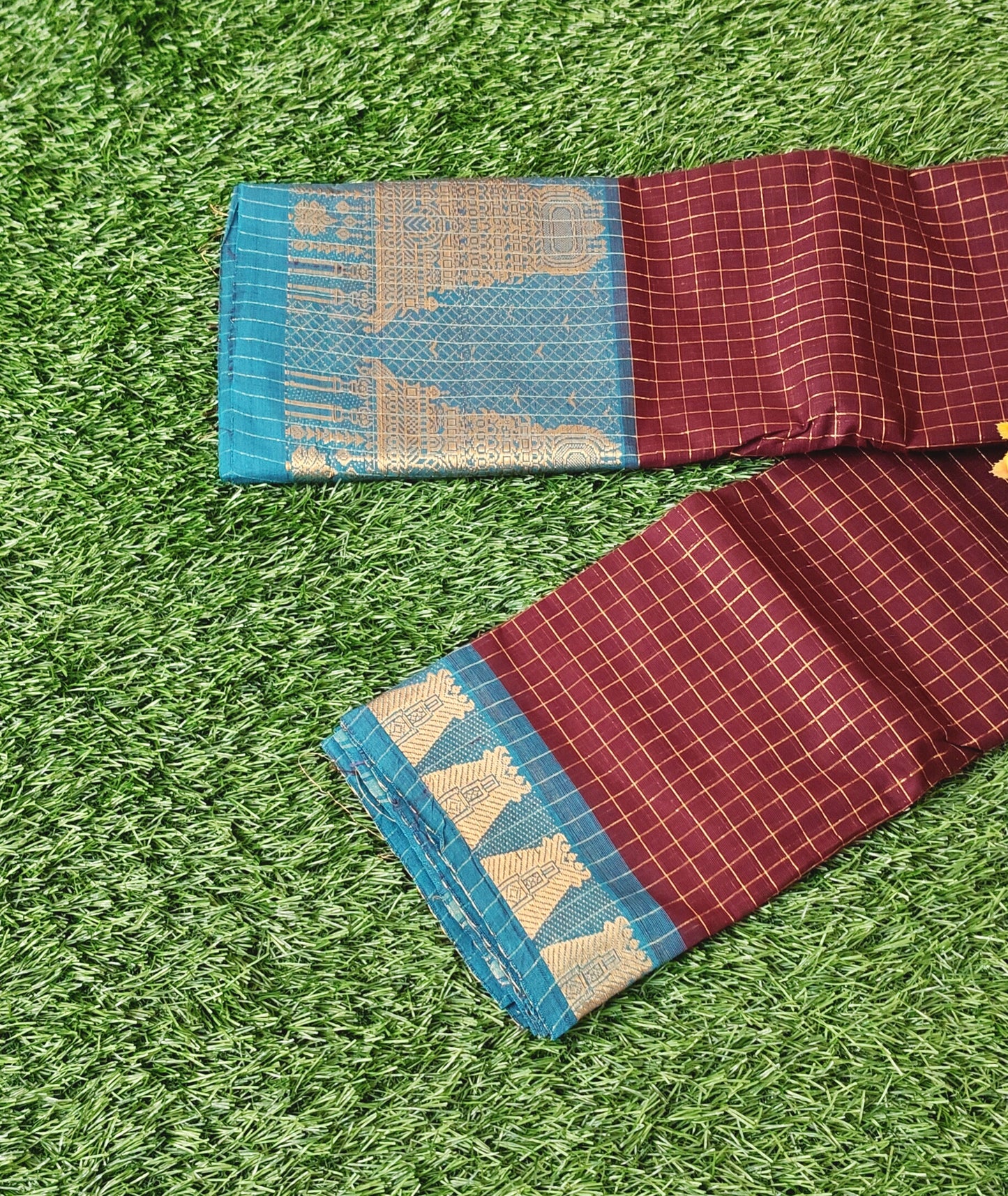 Chettinad Cotton Saree with Meenakshi Gopuram Border – Dark Chocolate Brown Checks with Teal Blue Border