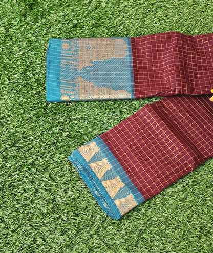 Chettinad Cotton Saree with Meenakshi Gopuram Border – Dark Chocolate Brown Checks with Teal Blue Border