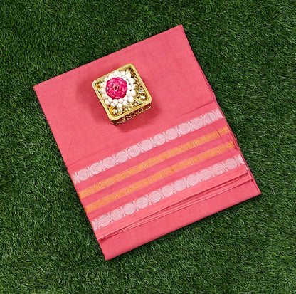 Rose Pink Sungudi Cotton Saree with Silver & Gold Striped Border