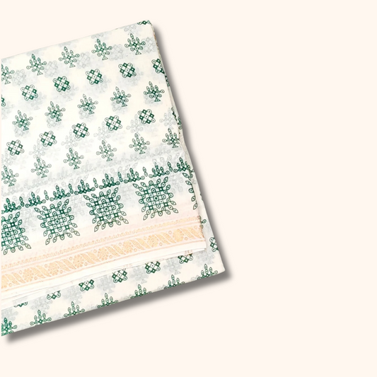 White & Green Printed Cotton Saree with Traditional Motif Design