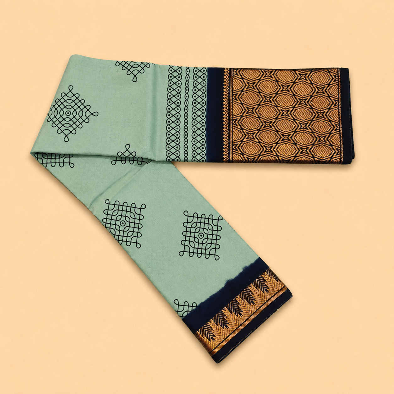 Mint Green Printed Cotton Saree with Navy Blue Designer Border