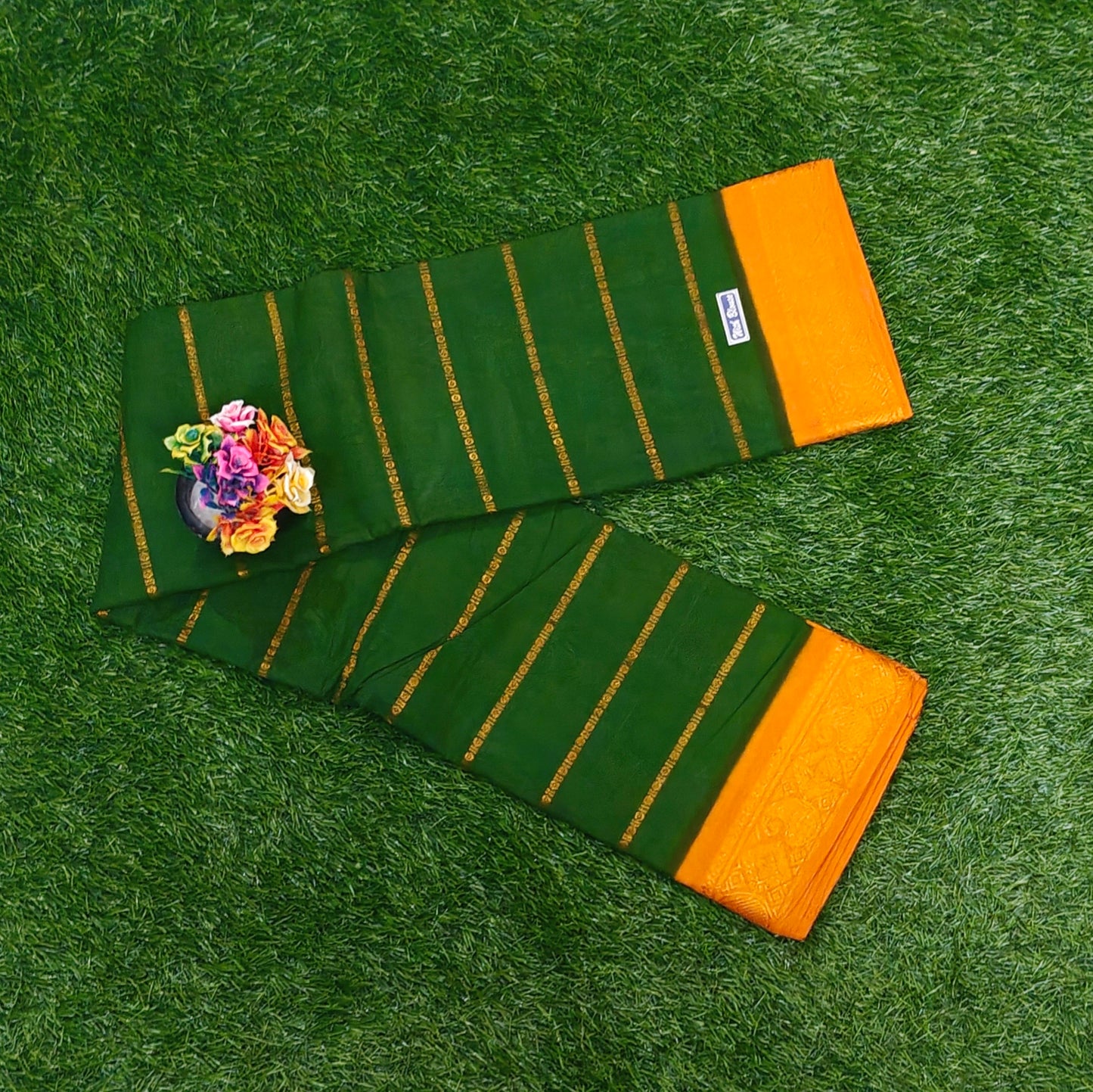 Bottle Green Cotton Saree with Mustard Zari Border & Running Blouse