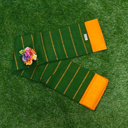 Bottle Green Cotton Saree with Mustard Zari Border & Running Blouse