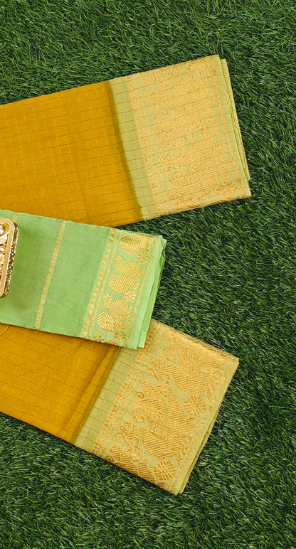 Mustard Sungudi Cotton Saree with Light Green Zari Border & Separate Blouse Piece