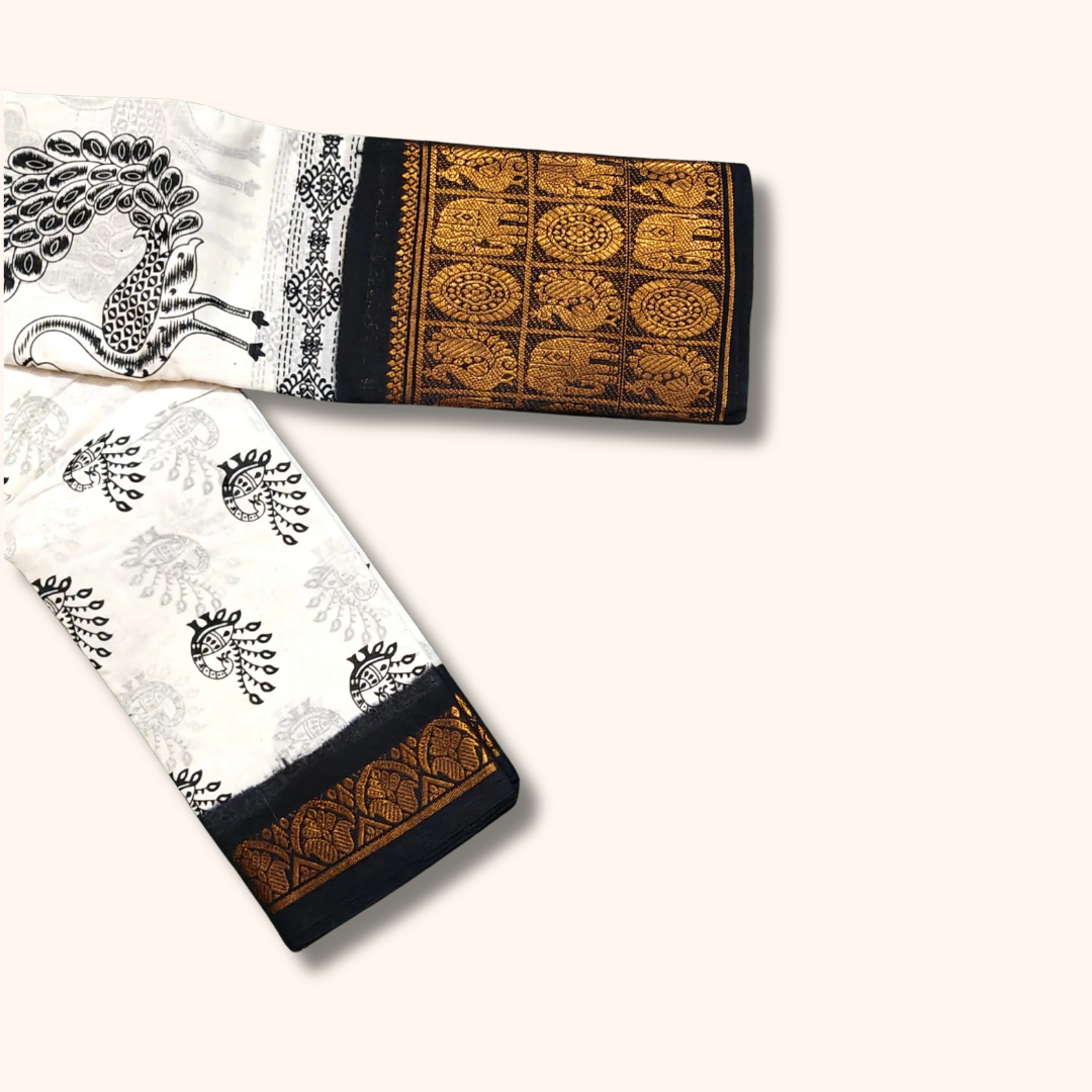 Elegant White Sungudi Cotton Saree with Black & Gold Ethnic Border