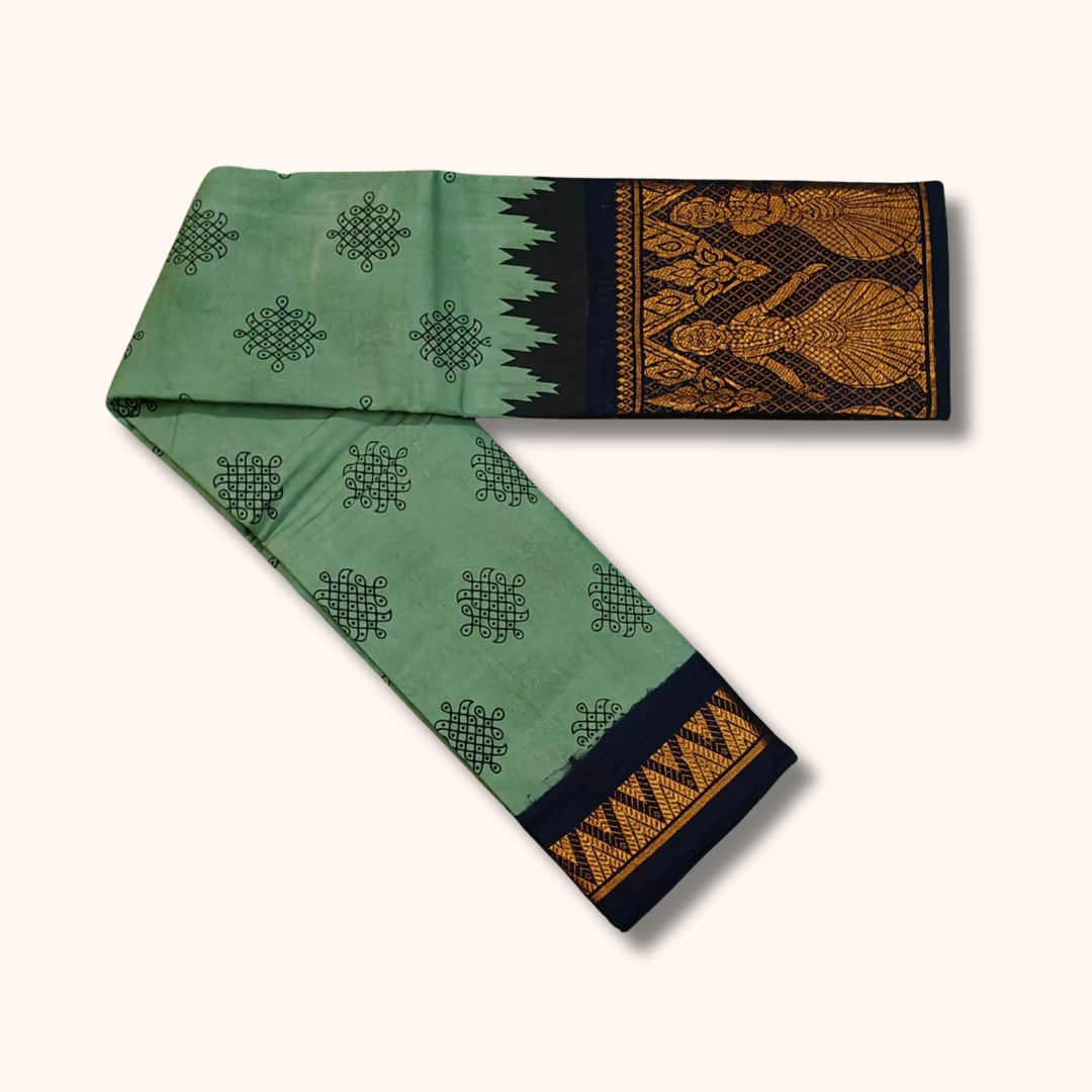 Mint Green Kolam Sungudi Cotton Saree with Traditional Black Dancing Girl Border