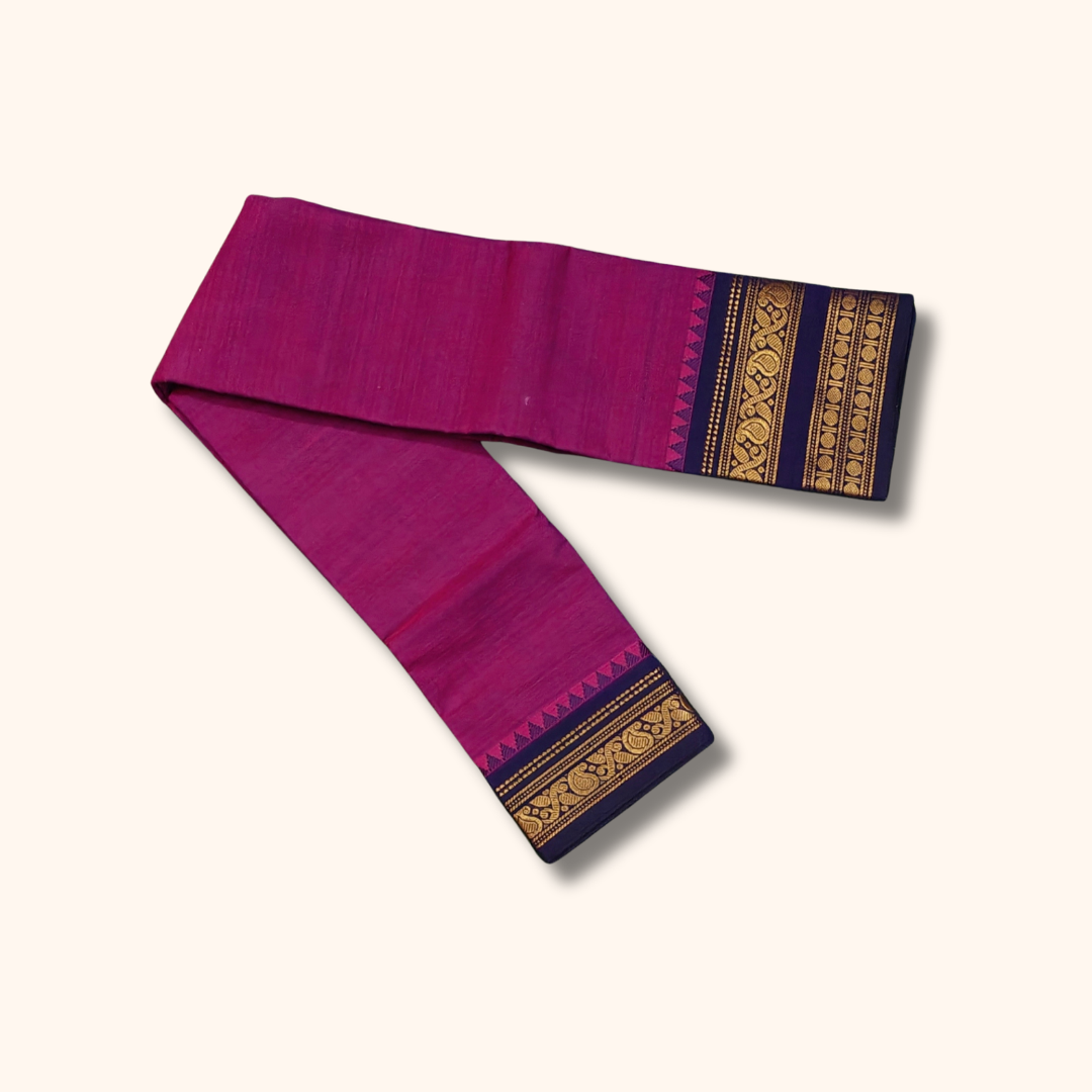 Magenta Chettinad Cotton Saree with Navy Blue Temple Border