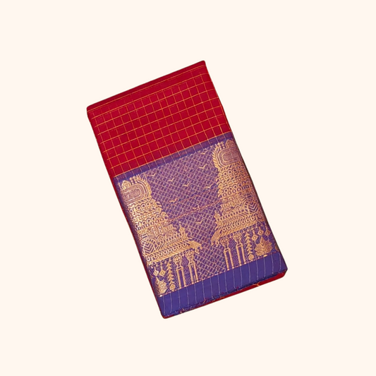 Classic Red Chettinad Cotton Saree with Royal Purple Temple Border
