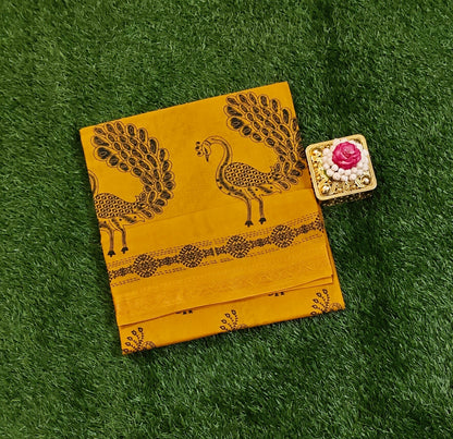 Mustard Yellow Sungudi Cotton Saree with Peacock Print Design