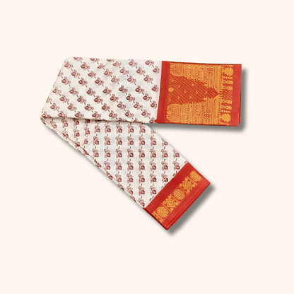 Off-White Cotton Saree with Maroon Floral Print & Red Gold Zari Border – No Blouse