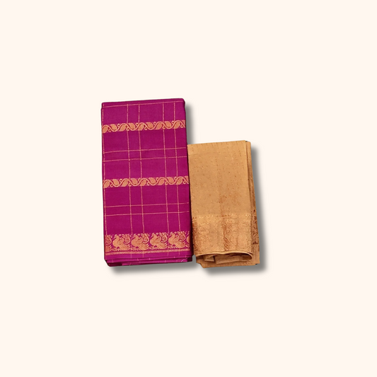 Rani Pink Cotton Saree with Gold Zari Checks & Traditional Peacock Border – Separate Blouse