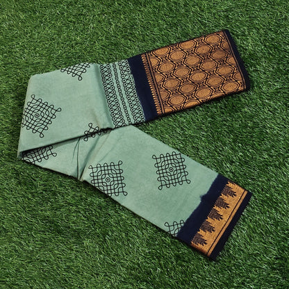 Authentic Kolam Sage Green Printed Cotton Saree with Navy Blue Floral Border