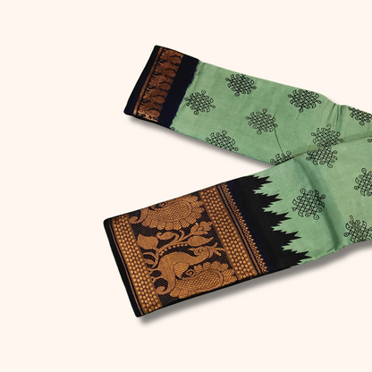 Sea Green Kolam Sungudi Cotton Saree with Black Zari Border