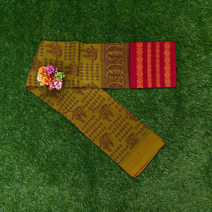 Olive Green Sungudi Cotton Saree with Maroon Traditional Border