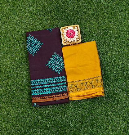 Dark Coffee Brown Sungudi Cotton Saree with Turquoise Kolam Motifs & Mustard Contrast Blouse