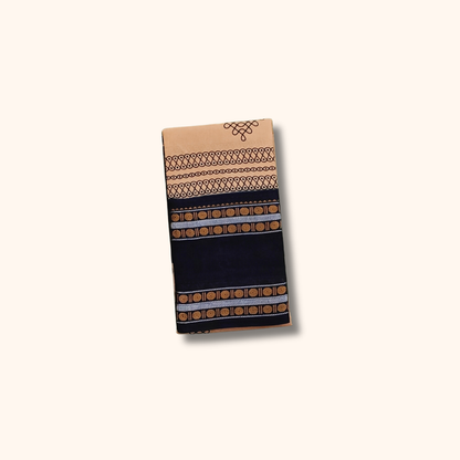 Beige Cotton Saree with Navy Blue Border and Traditional Kolam Motifs – Running Blouse