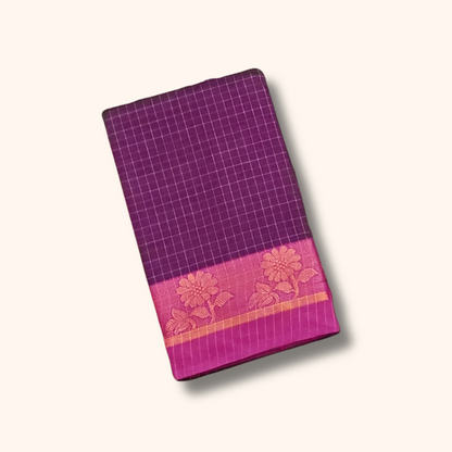 Purple Chettinad Cotton Saree with Pink Floral Border