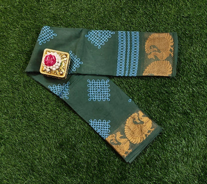 Bottle Green Sungudi Cotton Saree with Blue Kolam Motifs & Peacock Zari Border
