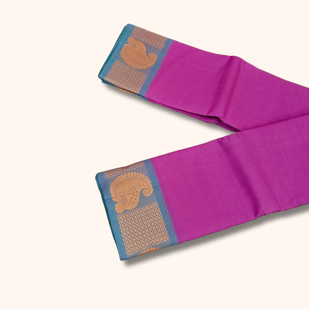Magenta Chettinad Cotton Saree with Traditional Peacock Border
