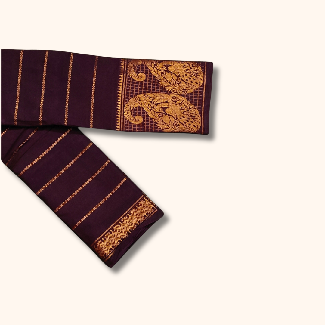 Dark Coffee Brown Cotton Saree with Gold Peacock Border – Running Blouse