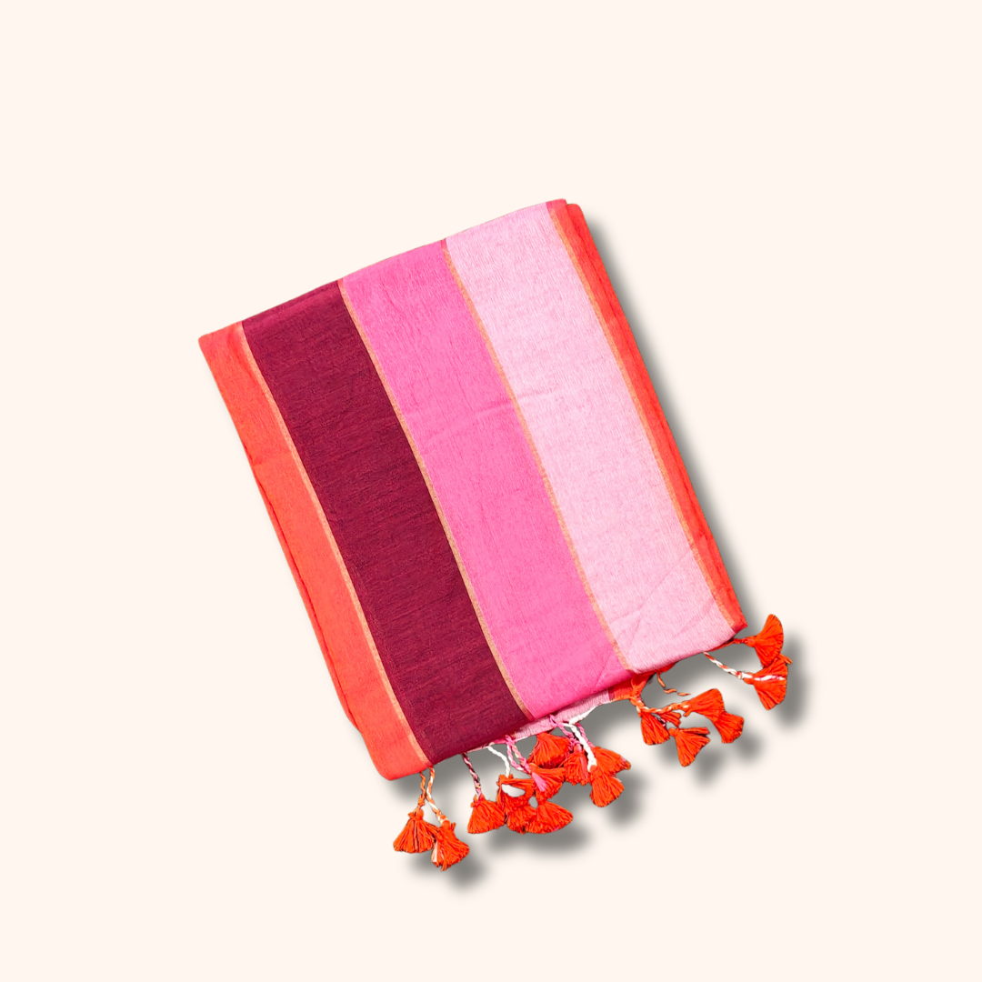 Mulmul Cotton Saree in Pink Ombre Stripes with Running Blouse