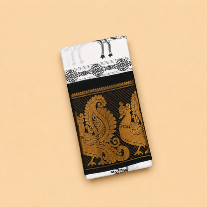 White & Black Peacock Print Cotton Saree with Traditional Black Border