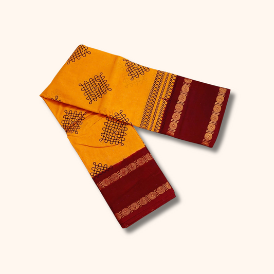Mustard Yellow Kolam Cotton Saree with Maroon Zari Border – Running Blouse